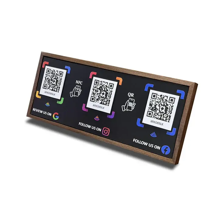 3-in-1 Smart Marketing Tool Walnut NFC Sign with NFC+QR Codes - Elegant Business Accessory for Google, Instagram, Facebook - No Monthly Fee, Built-In Analytics