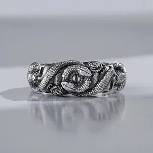 Retro Punk Skull Rose Snake Ring – Exaggerated Personality Statement Jewelry