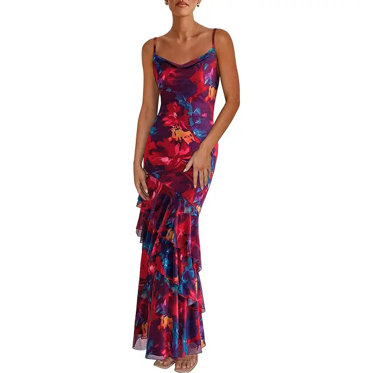 PrettyGarden Maxi Dresses for Women Summer Tiered Floral Beach Sundress Spaghetti Strap Wedding Guest Long Dress Formal Womenswear