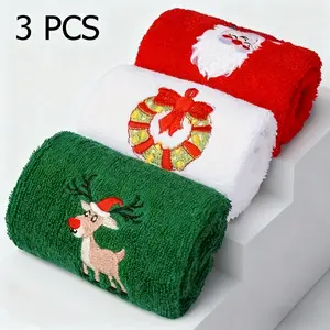 3PCS Christmas Embroidered Soft and Lightweight Pure Cotton Towels - Holiday design featuring Santa Claus, reindeer, and snowflakes, perfect for kitchen and bathroom use. Hand wash only. Christmas Towels