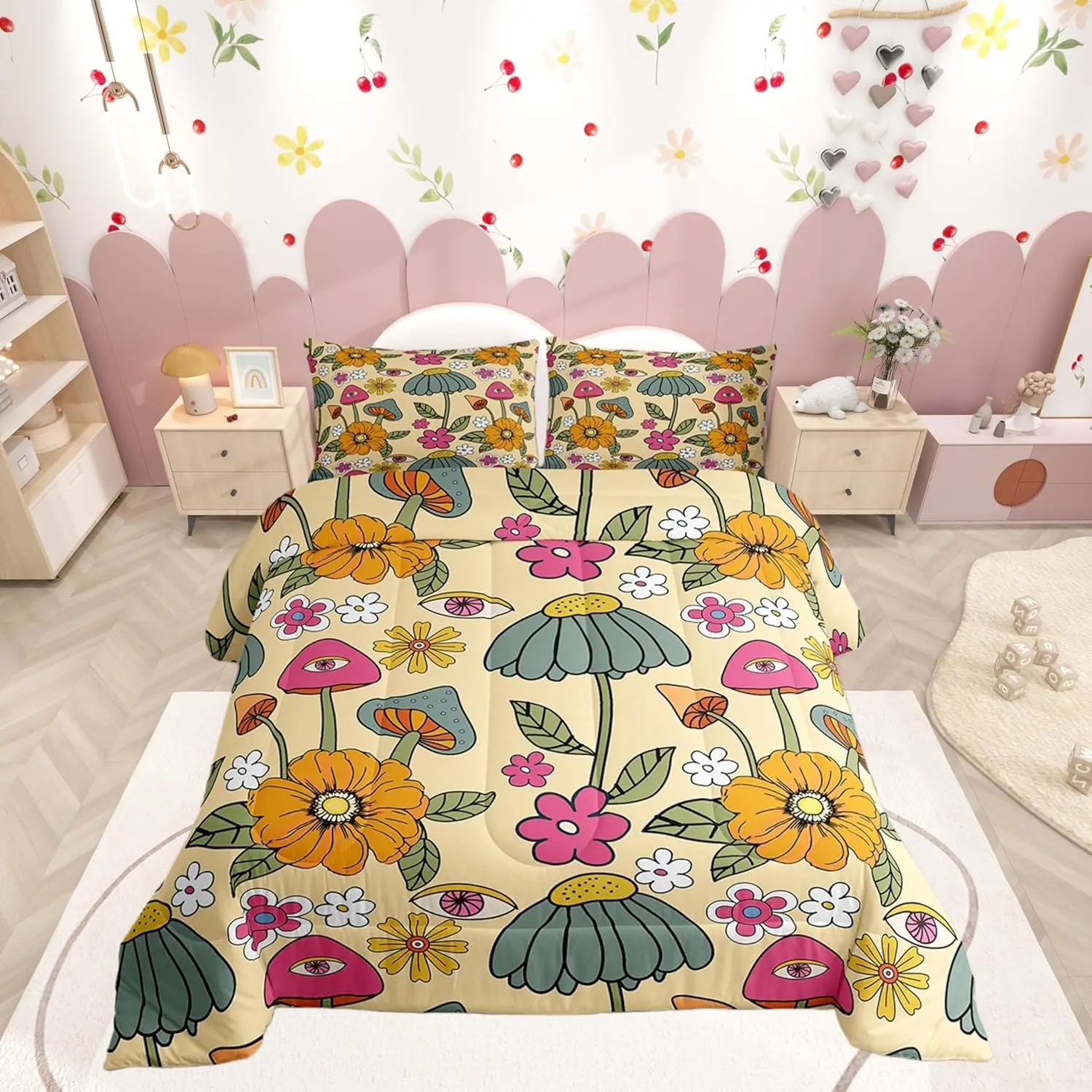 70s Retro Floral Comforter Set,Hippie Flowers Leaves Duvet Set Bedroom,Cartoon Eyes Mushroom Soft Microfiber Bedding Comforters