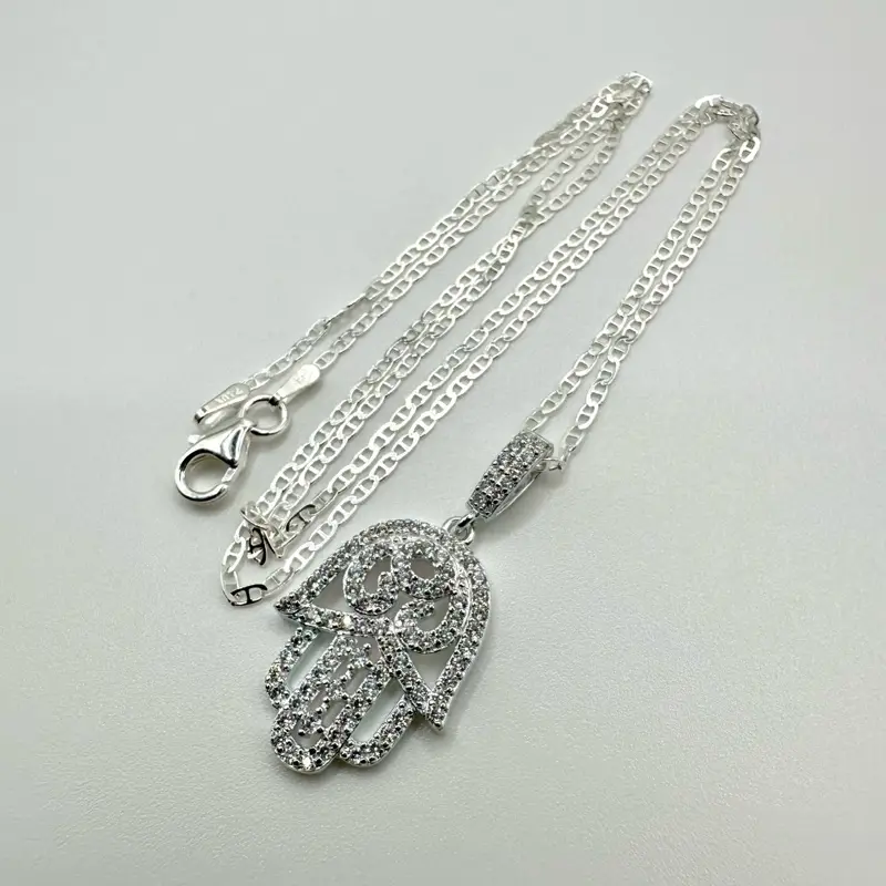Hamsa Hand of Fatima with Evil Eye  925 Sterling Silver Pendant with 20” Marine Chain — Symbol of Protection & Good Energy