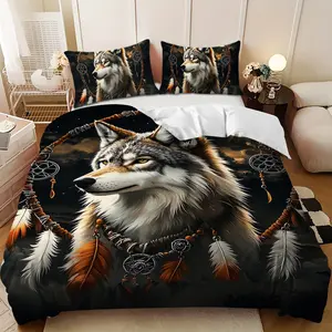 Bedding 3-piece set - 3PCS,Brown and White Wolf Dreamcatcher Moonlit Night Design Down Comforter Set (1 comforter cover + 2 pillowcases, filling not included).soft and comfortable, suitable for family bedrooms.