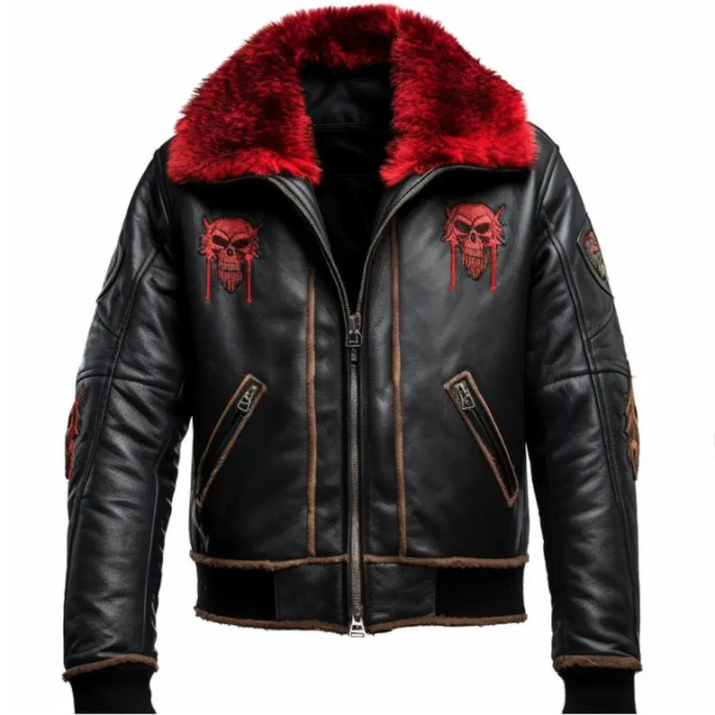 Men’s Black Skull Embroidered Leather Jacket with Red Faux Fur Collar – Trendy Rock & Gothic Biker Fashion | BlackBravo Shop