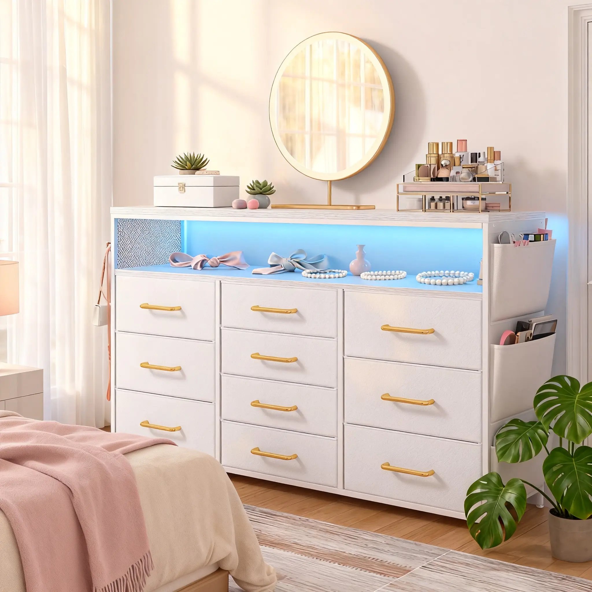 【Stock Up】Raybee Furniture 10 Drawers Dresser TV Stand,Storage Bins with LED Lights & AC Outlets for Bedroom with Shelves & Side Pockets Sturdy Metal Frame & Wood Top Shelf,Perfect for Dorm or Apratment,Storage Cabinet in Bedroom for Renters,Easy Assembly
