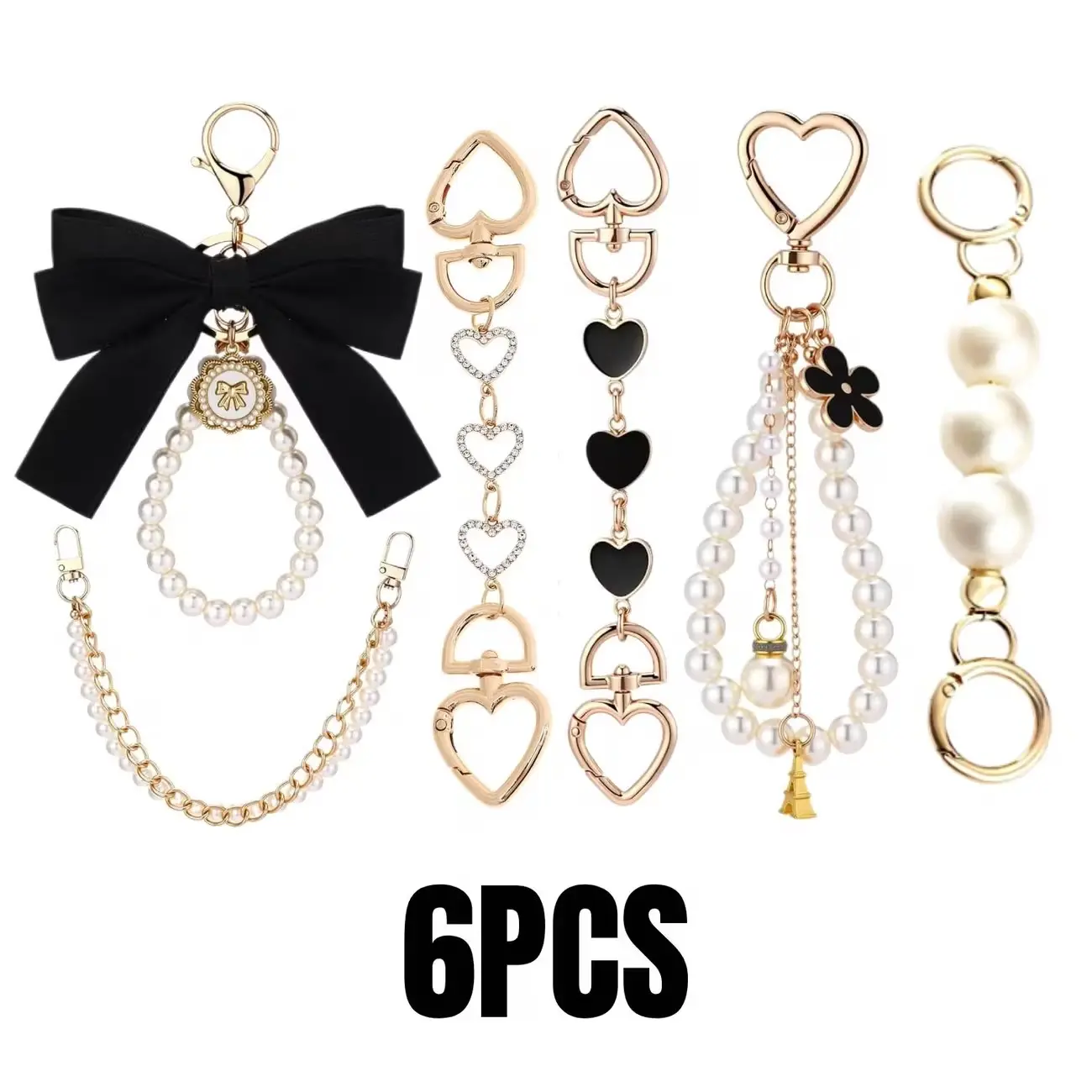 5-Piece Pearl Bow Bag Extender Chain Set, Valentine's Day Purse Charm Accessories for Handbags, Bag Charm, Pearls