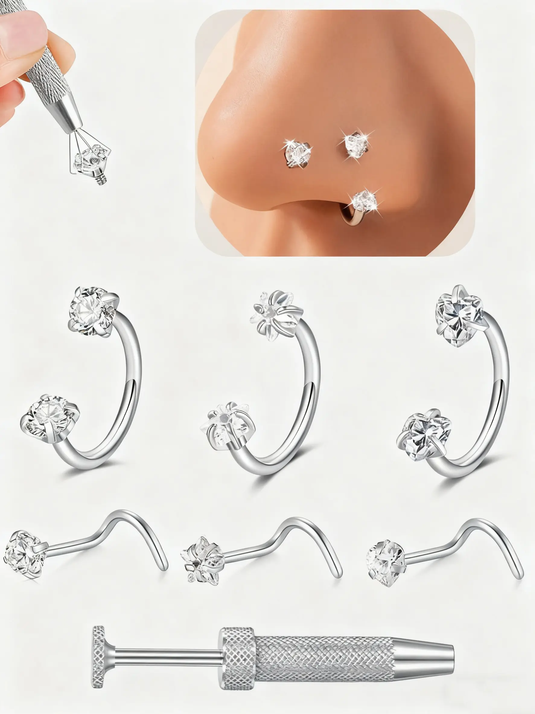 Stainless Steel Cz Nose Ring, 18g S-Shaped Heart Design, Star Pattern, Unisex Soft Cartilage Earring Studs, Fashionable Versatile Jewelry, Piercings Jewelry, Nose Piercing Jewelry