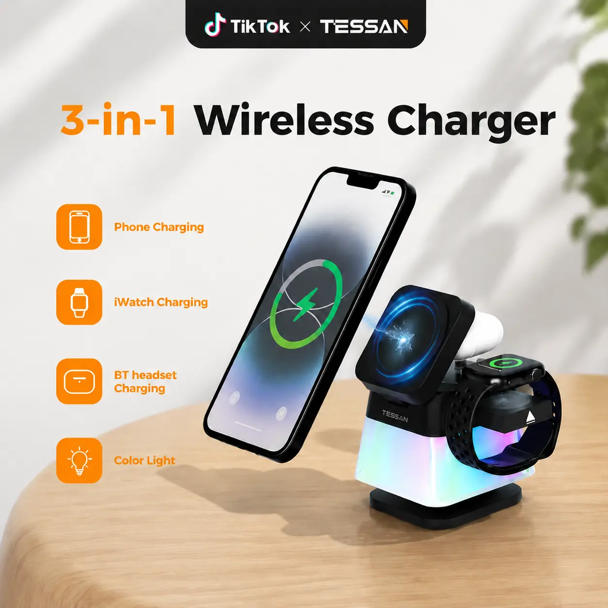 TESSAN 3-in-1 Wireless Charger, 15W Fast Wireless Charging Station with Adjustable Night Light for iPhone, iWatch & AirPods Series, Portable Desk Organizer