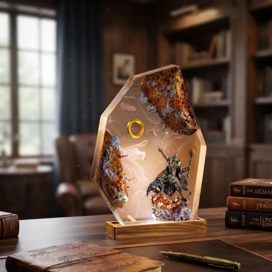 Handmade Epoxy Resin Night Light, Dark Lord Fantasy Diorama LED Lamp with Magic Gold Ring, Unique Desk Decor, Collectible Art Piece for Fantasy Fans and Room Decoration