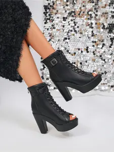 Women's Super High Heel Peep-toe Ankle Boots, Fall/Winter Thick Platform Chunky Heel Lace-up Boots, Sexy Slimming Nightclub Shoes for Women, Footwear