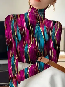 Women's Plus Size Turtleneck T-Shirt, High-End Premium Design, Digital Print Pattern, Perfect for Casual & Stylish