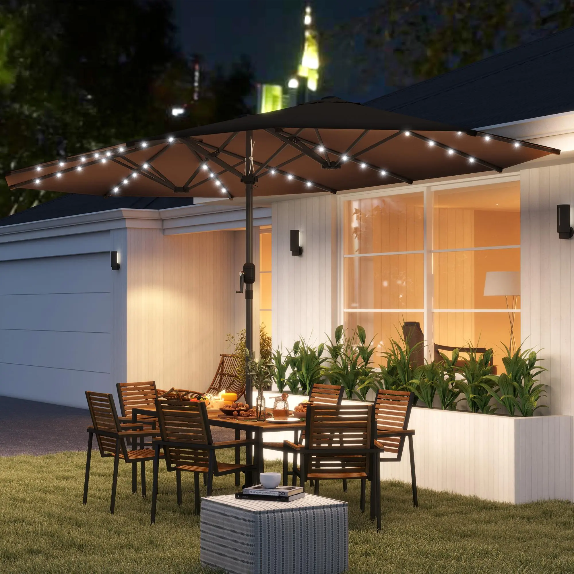 Garden Parasol Double-Sided Sun Umbrella with 48 Solar LED Lights Patio Parasol for Outdoor Coffee 14.8' L x 8.7' W x 7.9' H Durable Steel Frame Water-Resistant Polyester