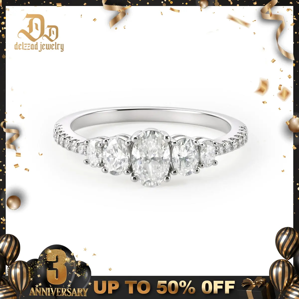 Delzzad 14K Gold-Plated 1.2ct The Heirloom Oval Ring Luxury Five-Stone Oval Cut Engagement Ring Wedding Band VVS Synthetic Moissanite Ring Jewelry Perfect Birthday Engagement Wedding Anniversary Christmas Valentine's Day Mother's Day Gift