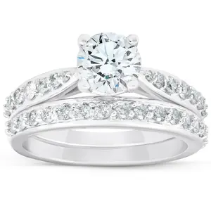 1.58 Ct Diamond Engagement Wedding Ring Set 14k White Gold 6.12 grams