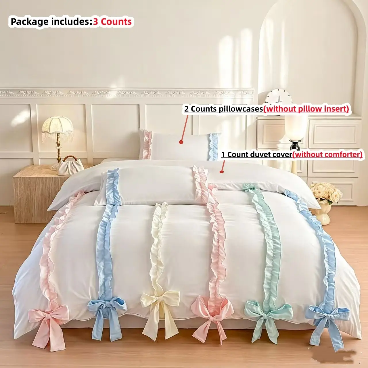Princess Style Colorful Lace Theme Bedding Set, Includes 1 Lace Duvet Cover and 2 Pillowcases, Zipper Design, Soft Fabric, All Seasons, Breathable Duvet Cover Sets