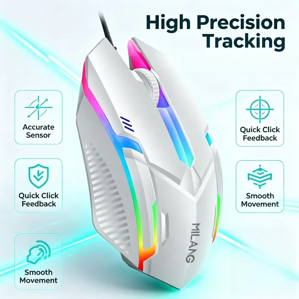 Ergonomic Gaming Mouse with Dazzling Rainbow Light, Wired USB Plug-and-Play for Unisex Gamers, Compatible with Laptops and Desktops, Hand-Friendly