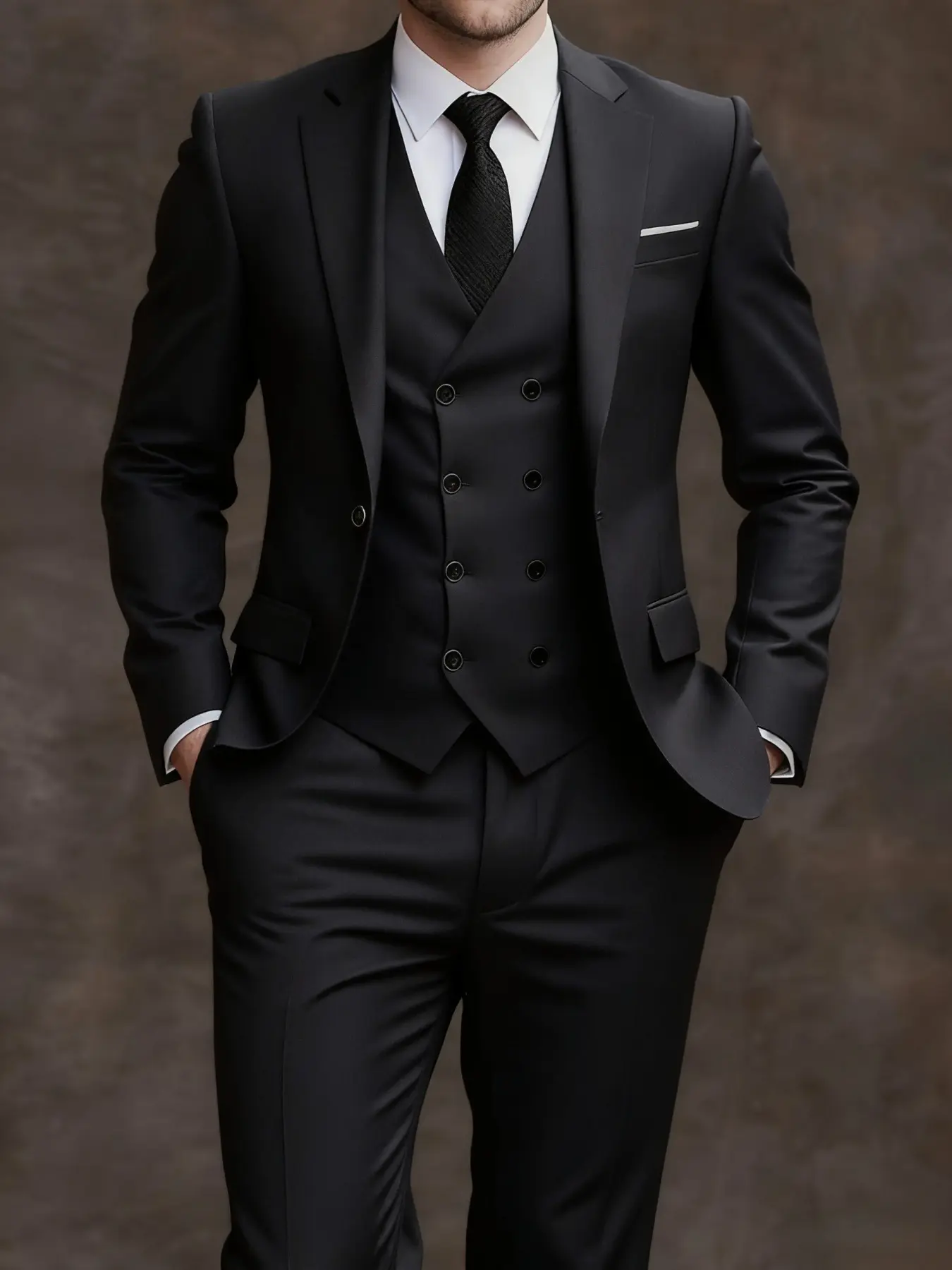 Men's 3pcs Slim Fit British Style Tuxedo Set - Black Suit with White Shirt & Pants, Collar & Jacket, Wedding & Formal Attire, Business Events, Prom, Durable Tailored Suits, Elegant Blazer Pants (No Stretch)