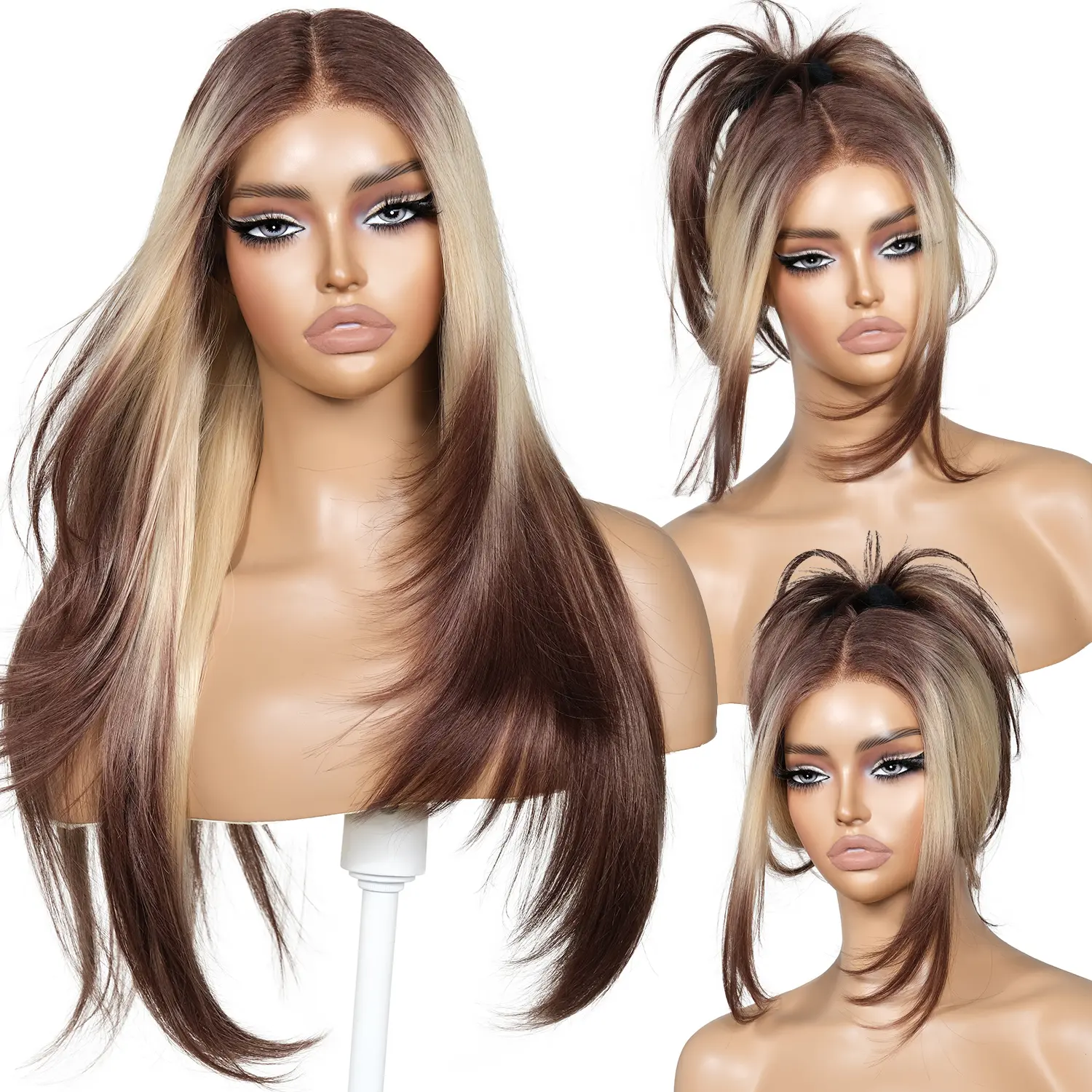 ENCOUNTERU Glueless Lace Front Wig for Beginners, 26-Inch Straight Layered Synthetic Hair with Bangs, Middle Part Pre-Cut and Pre-Plucked Hairline, Layered Wigs, Beginner Friendly Wig