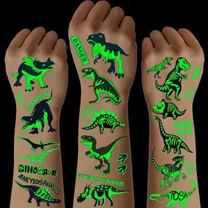 5 luminous dinosaur temporary tattoo stickers, waterproof and glow-in-the-dark, featuring designs of Tyrannosaurus, Pterosaur, Velociraptor, Triceratops, and Stegosaurus, rectangular shape suitable for dinosaur-themed birthday party supplies, Christmas gi