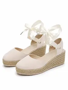 Women's Coquette Ribbon Tie Espadrille Wedges - Closed Toe Platform Casual Sandals Summer