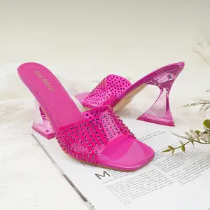 JENN ARDOR Women's Clear Heels Sandals High Stiletto Mules Square Toe Slip On Heel Sandals Backless Trend Dress Heel Sandals Shoes