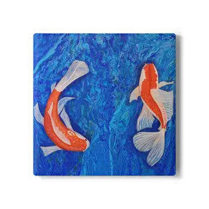 Ceramic Koi Pond Tableware Coaster - Lightweight, Round or Square, Blue Water Fish Design, for Room Decor