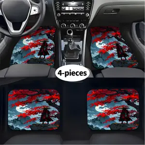 A set of 4 anime samurai-themed car floor mats, featuring Japanese manga design, red color and samurai patterns, suitable for most vehicles, designed to enhance the Japanese-style atmosphere, ideal for anime fans and car enthusiasts.