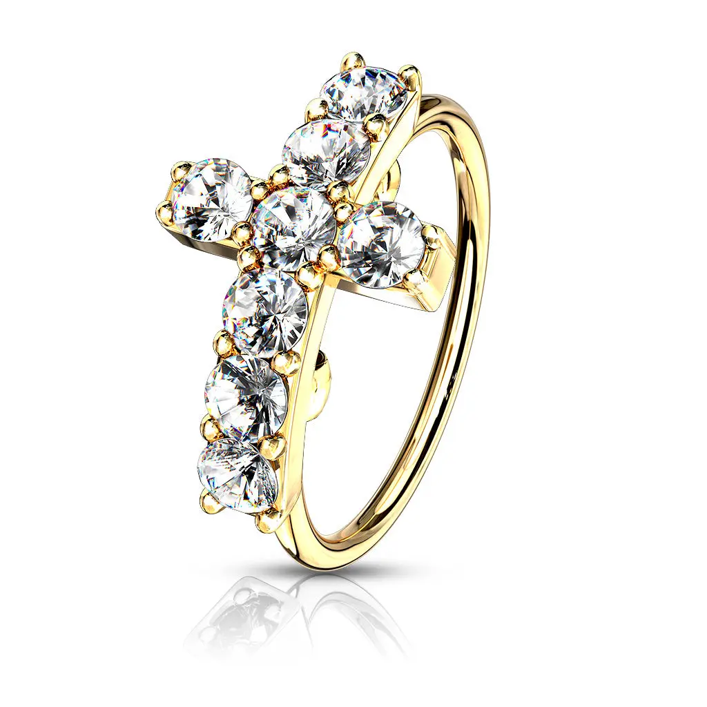 CZ Paved Cross Top Bendable Nose Ring  - Stainless Steel