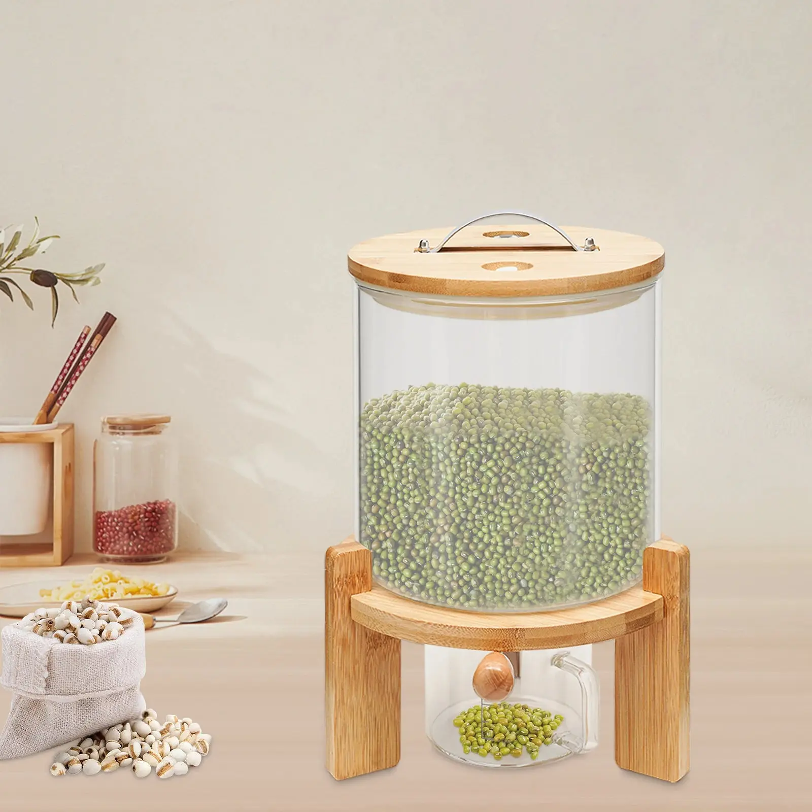 5L Sturdy Airtight Glass Kitchen Dry Food Storage Container with Bamboo Lid, Silicone Seal, Stainless Steel Stand & Measuring Cup - Cereal, Rice Dispenser, Utensils