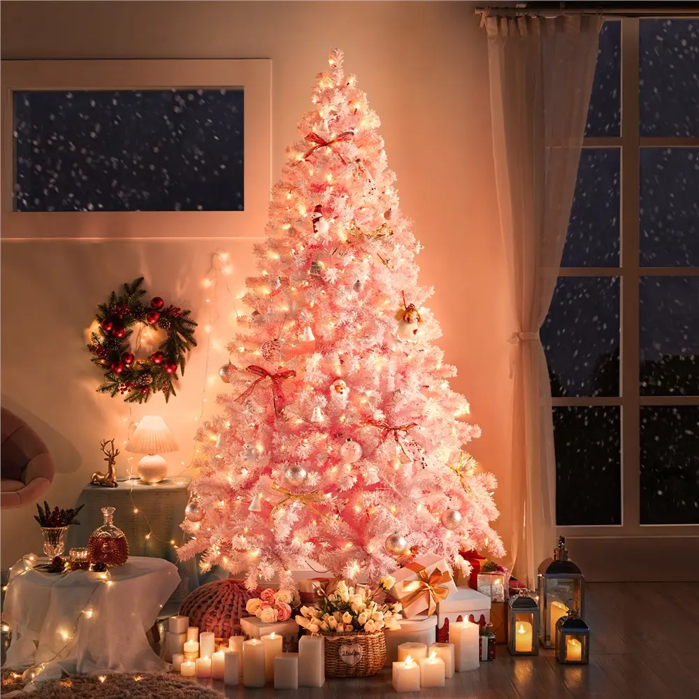 Costoffs Pre-lit Flocked Fluffy Artificial Christmas Tree (4.5/6/7.5/9FT, 21.7 lb) - Warm White Lights, Hinged Steel-Metal Frame, Indoor Floor Decor for Living Room, Festive Home Supplies (Ornaments: None)