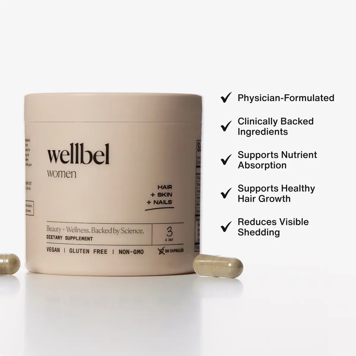 Wellbel Women's Hair Growth Supplement (18-44) | Physician-Formulated | Clinically Backed Clean Ingredients | Supports Thicker, Healthier-Looking Hair & Less Shedding | 1-Month or 3-month Supply Per Jar