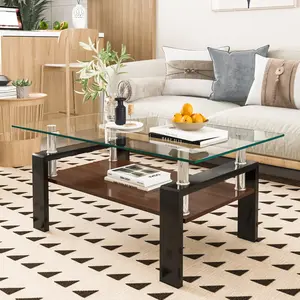 Modern Rectangle Coffee Table with Tempered Glass Tabletop and MDF Layer for Living Room