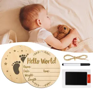 Hello World Newborn Sign, 6in Round Wooden Baby Name Plaque Photo Props Newborn Birth Welcome Announcement Signs for Hospital Nursery Babies Shower