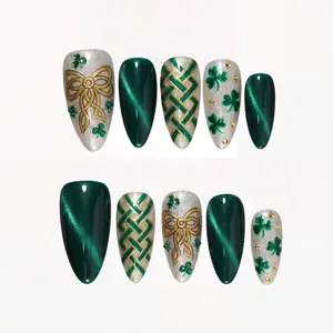 Patricks Day Press On Nails, Luxury Irish Luck Manicure, Almond Gel Tips, Reusable Manicure