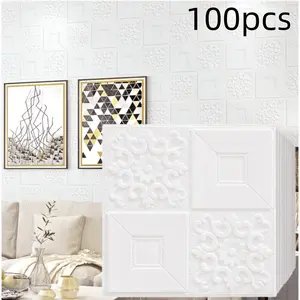 100pcs 3D Wall Stickers, Self-Adhesive Foam Square Wallpaper, Waterproof Moisture-Resistant, Easy Installation for Bedroom, Living Room, Kitchen