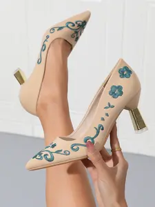 Women's nude pointed toe floral embroidered high heels Elegant light blue floral pattern fashionable and versatile suitable for all occasions