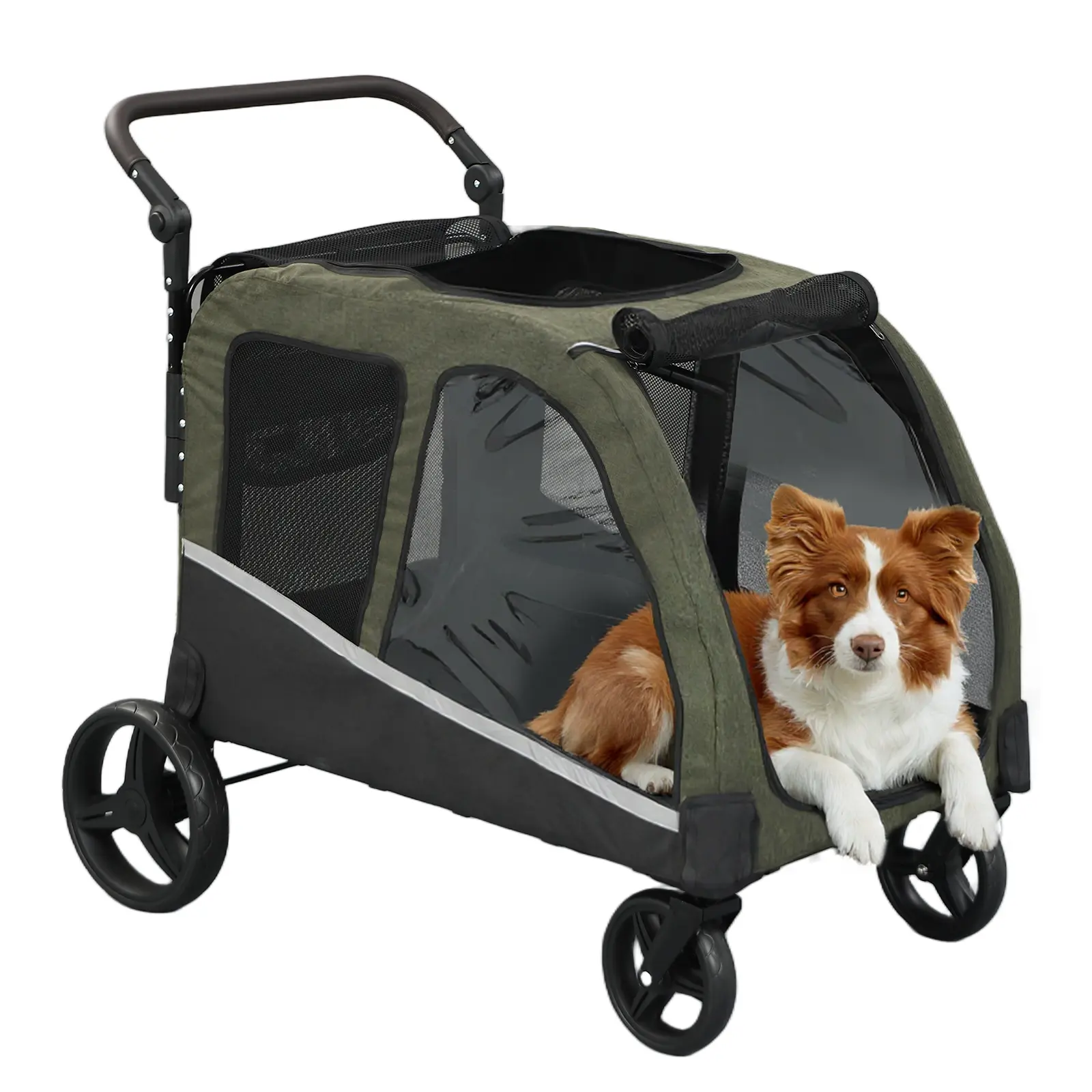 Dog Wagon with Pocket Extra Large Foldable, Adjustable Aluminum Alloy Handle, Transparent Windows, Reflective Strips, 130 lbs Capacity for Medium-Large Dogs, Night Safety-Enhancing Home Storage Wagon, 300D Composite Fabric, 35.4"L×23.6"W×20"H, Folding Wag