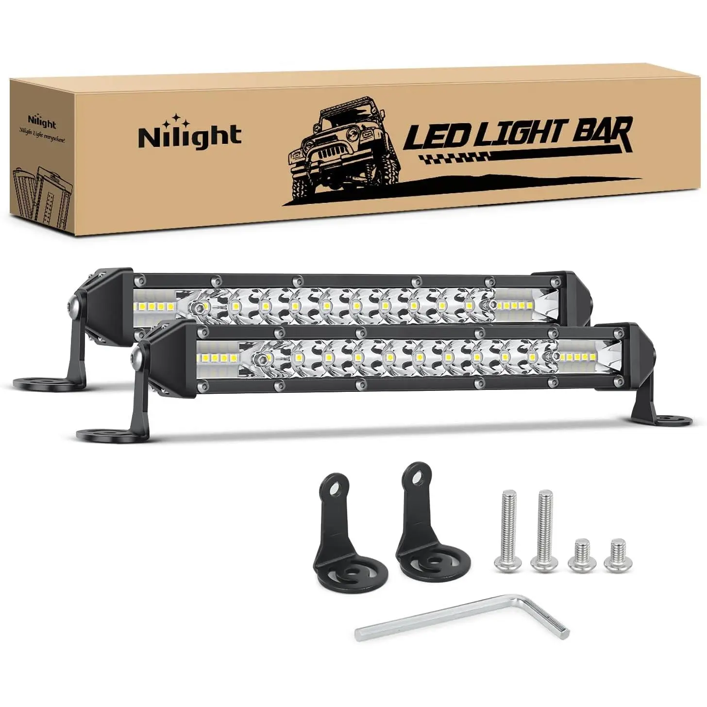 Nilight Ultra Slim Profile LED Work Light Bars - 2Pcs 11in 26LED Single Row Spot-Flood Combo, 48W Aluminum Off-Road Bars, Bracket Mount Kit Incl., Waterproof Night Driving Accessories for 4x4 Off-Roaders, Universal Fit