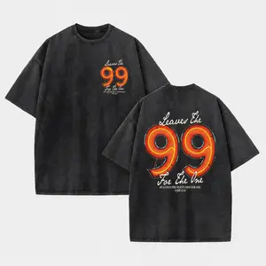 Neon Varsity Number 99 Leaves The Ninety Nine For The One Luke Parable Vintage Washed Christian Identity Tee, Mini Cursive Phrase Matching Numeral Small Front Large Glowing Outline Number Letter Full   casual style graphic