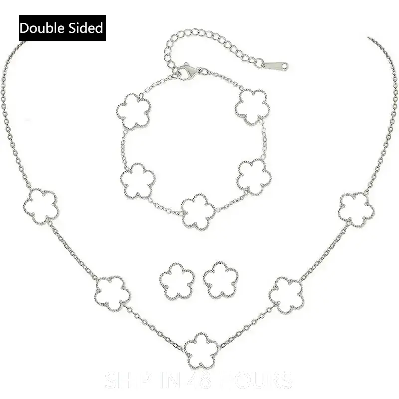 Women's Silver Clover Jewelry Set - Stainless Steel, Hypoallergenic, Waterproof, 2-Piece Double Sided New Same Color on Both Sides Daily Everyday Flower Earrings & Chain Necklace Bracelet