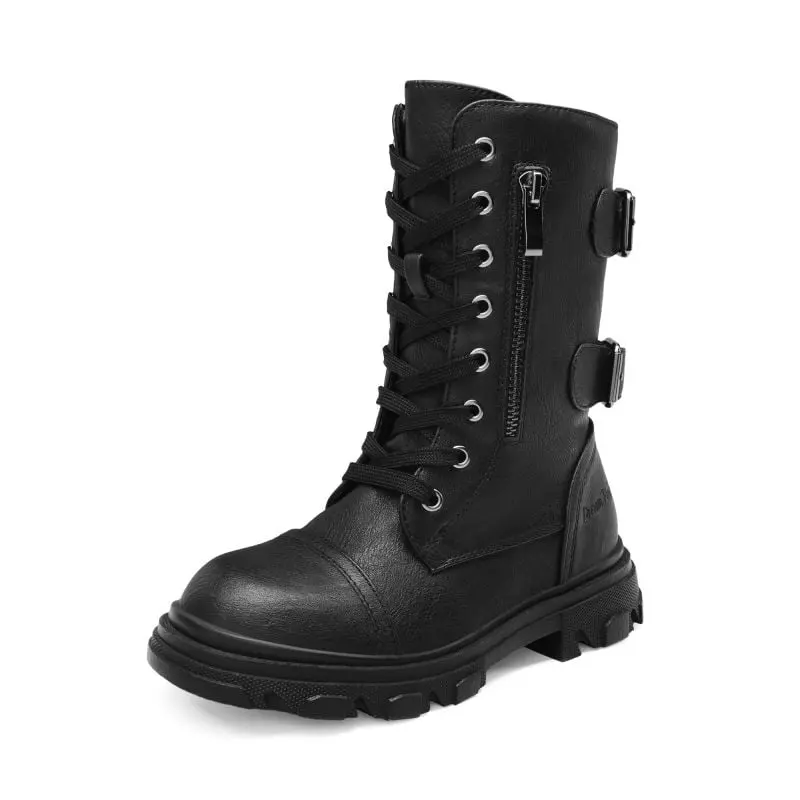 Dream Pairs Girls' Black Bolt Combat Ankle Boots, Edgy Water-Resist PU with Side Zip, Pocket for Smalls & Bold Buckle Look, Girls Shoes, Synthetic, Ankle Length