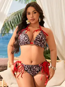Women's Plus Size Bikini Set, Leopard Print Bikinis, Leopard Print Rope Tie Bathing Suit, Sexy Vacation Style Swimsuit, Trendy Swimwear for Women