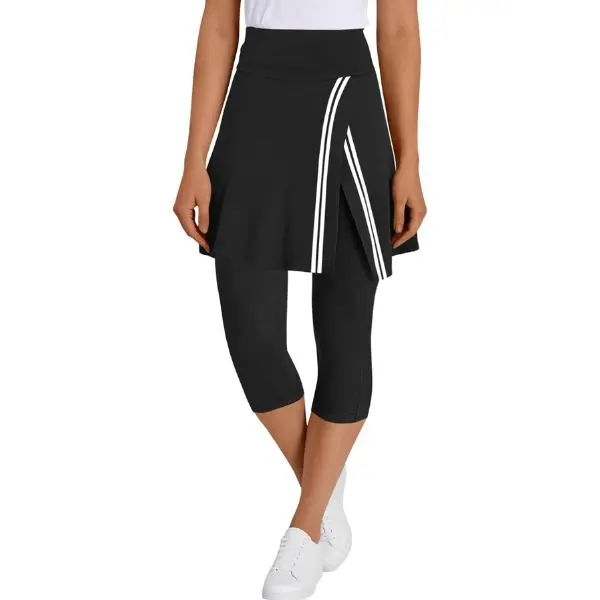 Fisoew Women's Skirted Leggings, High Waisted Athleisure Design Contrast Wrap Skort with Capri Leggings & Pockets for Tennis, Golf, Casual Comfy Sporty, Gym Sportswear Bottoms, Activewear For Fitness, Female Gym Clothes