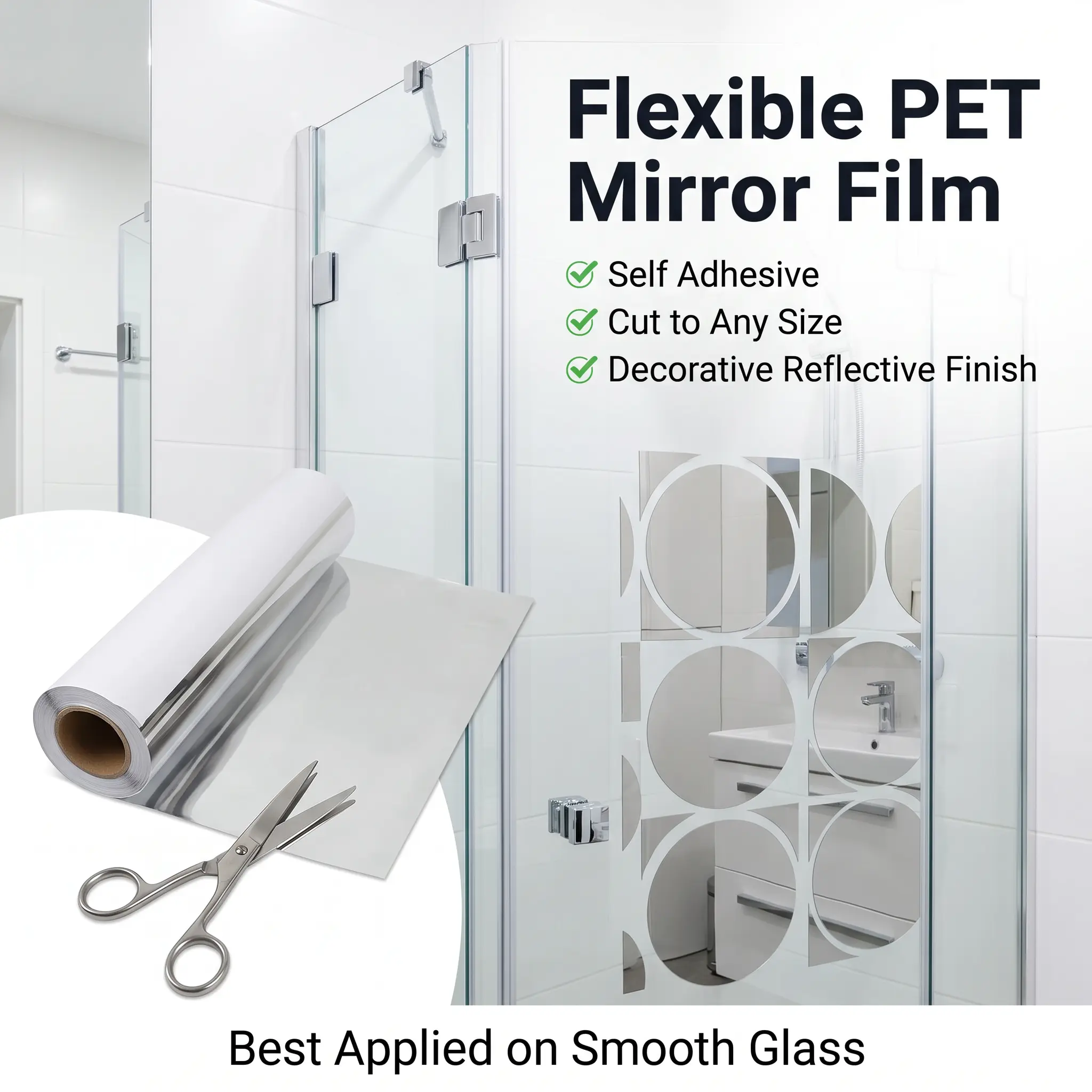 DIY Scrapbooking & Stamping Flexible Self-Adhesive Mirror Sticker Roll, Cuttable PET Reflective Film, Decorative Silver Mirror Finish for Glass Door & Wall Craft Projects, Lightweight