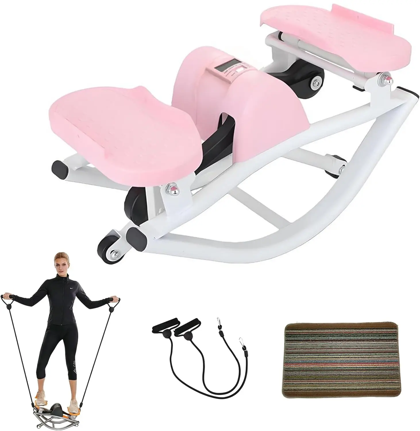 Rock Stepper with Elastic Resistance Bands & Anti-Slip Mat, Side-to-Side Lateral Rocking Motion, Digital Display & High-Capacity Design for Home Leg Glute Workout
