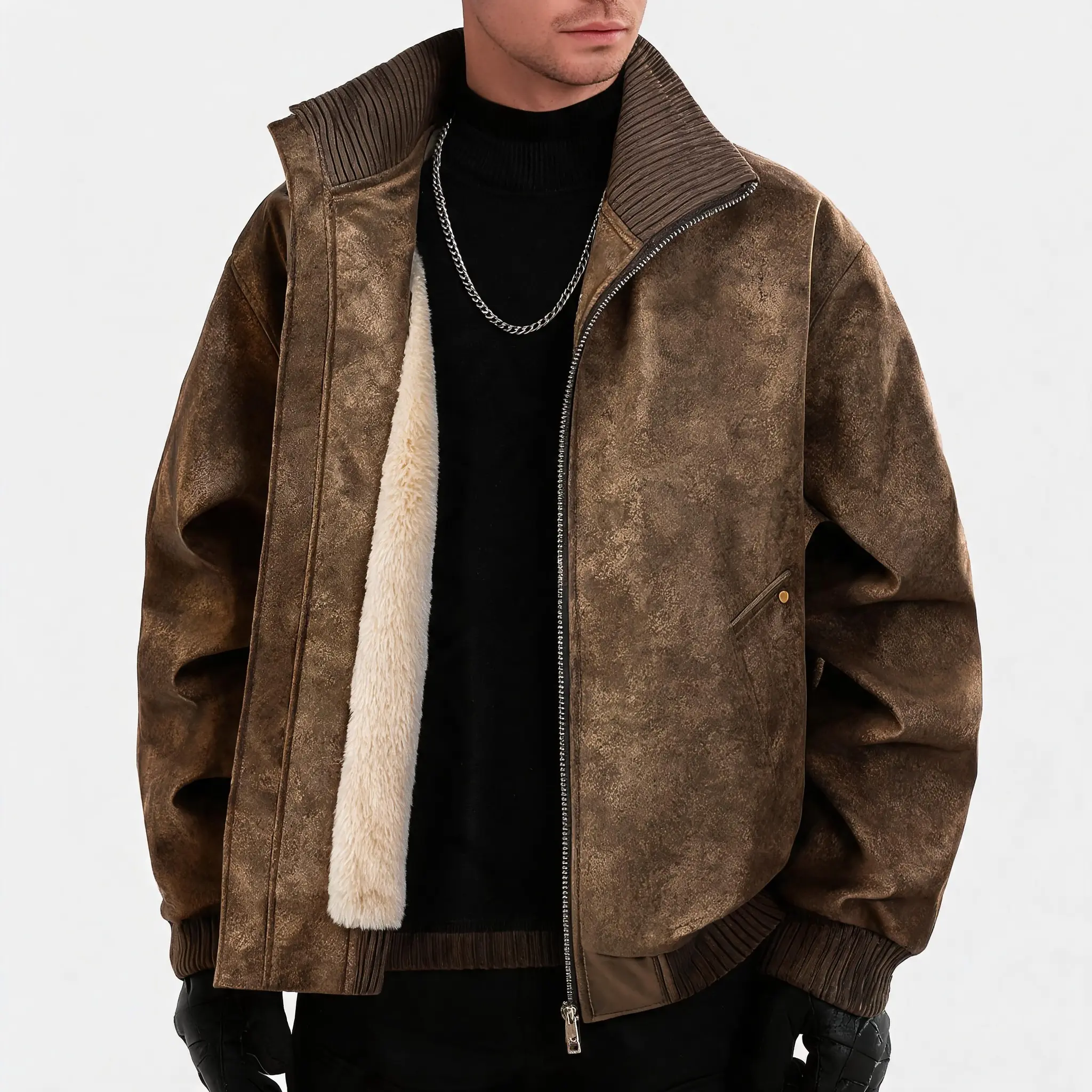 Neleus Men's Streetwear Tie-Dye PU Leather Biker Jacket, Casual Soft Fleece Lined Moto Outerwear with Stand Collar, Menswear, Elastic, Tops, Gradient Tie-Dye, Regular Fit