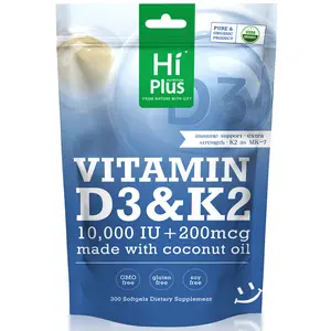 HiPlus Vitamin D3 K2 Supplement Softgels | 10,000 IU + 200 mcg, Immune Support & Bone Health, Made with Coconut Oil,300 Softgels Natural Extra Strength