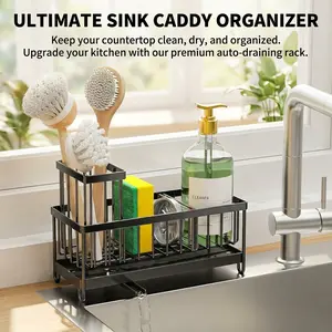 Adjustable Kitchen Sink Caddy Organizer with Auto-Drain System, Rust-Proof Metal Sink Holder with Sponge & Brush Compartment, Non-Slip Base, Fast Drying Design for Kitchen & Bathroom, Black