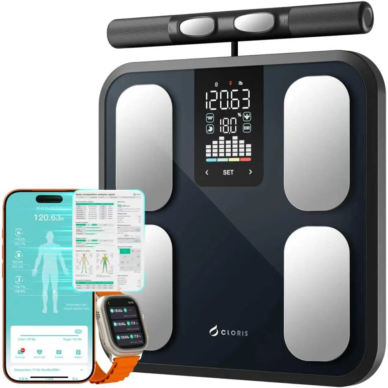 CLORIS Rectangular 8-Electrode Digital Smart Bathroom Weighing Scale - Accurate BMI, Body Weight, Fat, Muscle Mass Analyzer with Bluetooth App, Dual-Frequency Currents for Healthcare Monitoring