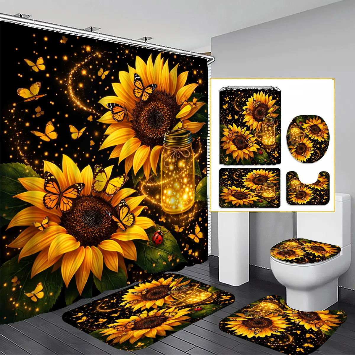 4pcs 2D Flat Sunflower And Butterfly Shower Curtain Set, Golden Sunflower with Butterflies Bathroom Decor, Set with, U-Shaped, Toilet Lid Cover, Shower Curtain Includes Hooks, Rustic Floral Lover, Home Decor, Bathroom Additions,family